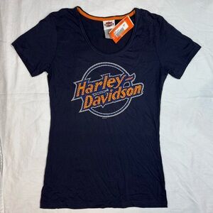 NWT Harley Davidson Women's Navy Rhinestone Graphic T-Shirt Bergdale MN Large